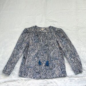 Like New Rebecca Taylor Long Sleeve Blue Tassel Silk V Neck Blouse, Size 4